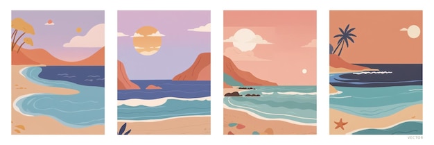 Vector set of summer background sunset on the beach