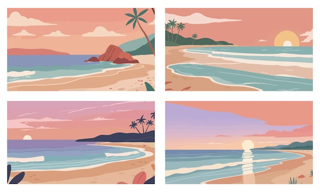 Vector set of summer background sunset on the beach