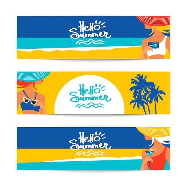 Set of summer banners with beautiful women silhouettes at the seaside. Vector illustration