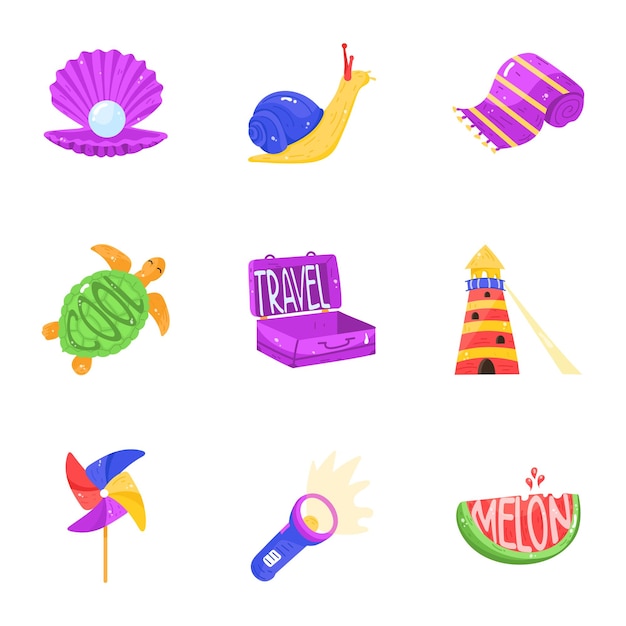 Set of Summer and Beach Flat Sticker Icons