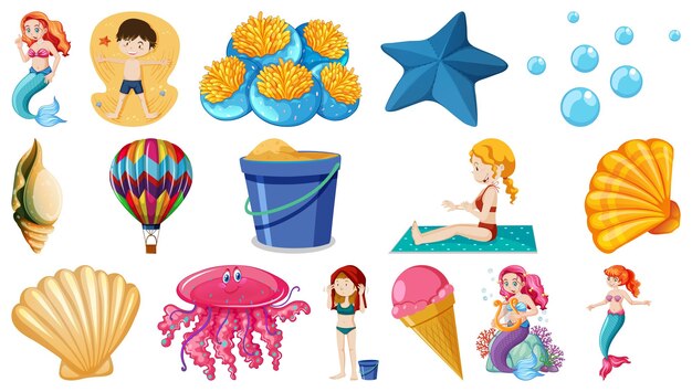 Vector set of summer beach objects and cartoon characters