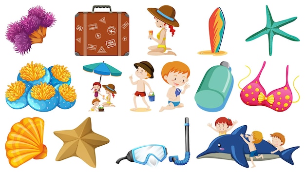 Set of summer beach objects and cartoon characters