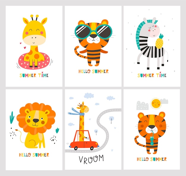 Set summer card with cute animals Vector illustrations