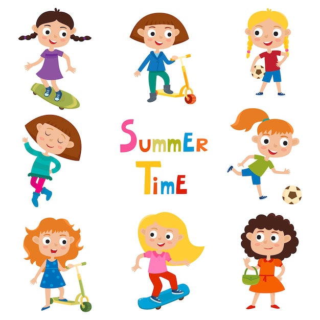 Set of summer children doing outdoor activities illustration