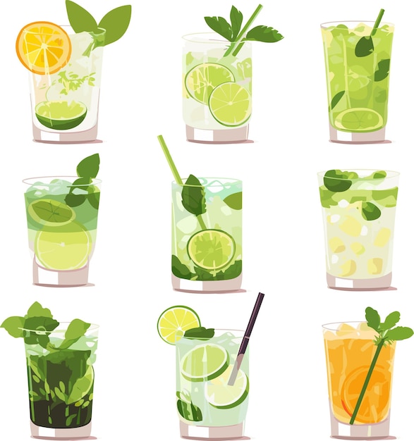 Set of summer cocktails cartoon vector illustration isolated on white background icon fresh drink