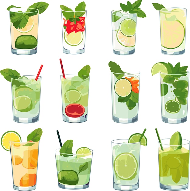 Set of summer cocktails cartoon vector illustration isolated on white background icon fresh drink