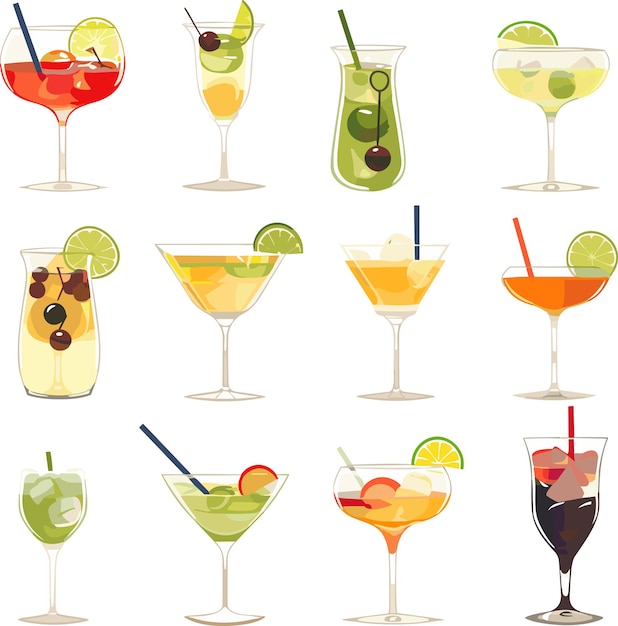 Set of summer cocktails cartoon vector illustration isolated on white background