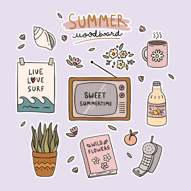 Set of summer cute elements moodboard