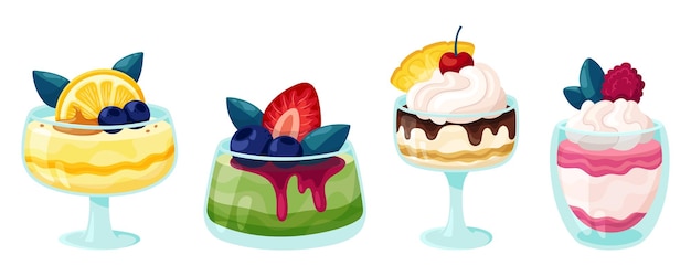 Vector set of summer desserts with fresh berries cartoon flat illustrations for advertising or menu design