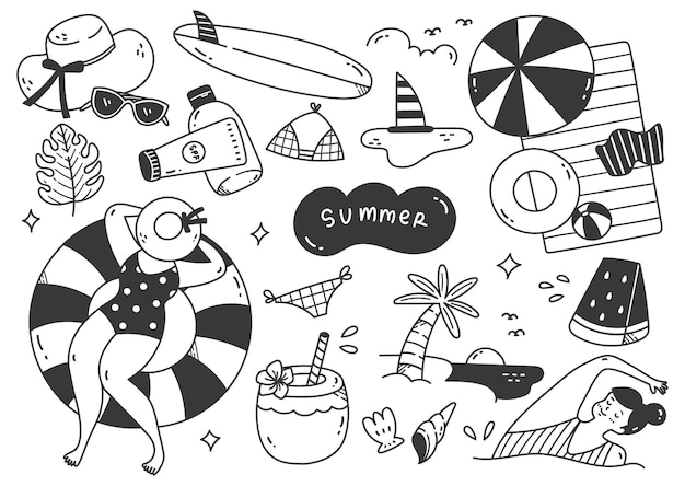 Set of Summer Doodle Line Art Vector Illustration