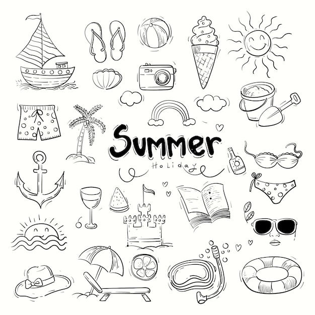 Vector set of summer doodles icon hand drawing vector illustration holiday vacation theme