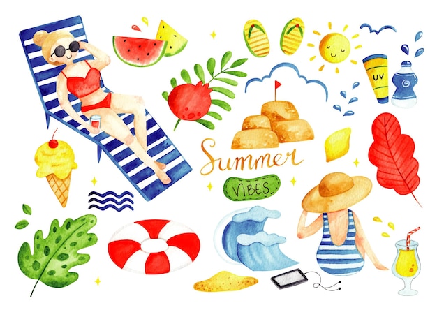 Set of summer doodles watercolor illustration