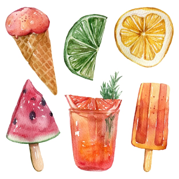 Set of summer food collection watercolor illustration