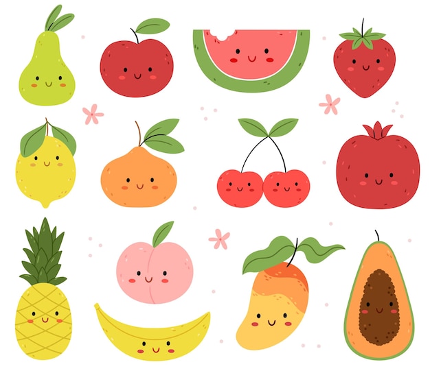 Set of summer Funny Fruits and berries charactersChildren's illustration Apple orange watermelon strawberry pear papaya banana lemon pineapple summer flowers