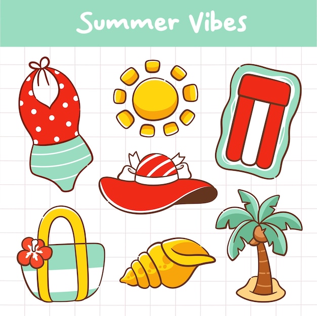 Set of Summer hand drawn cute elements collection