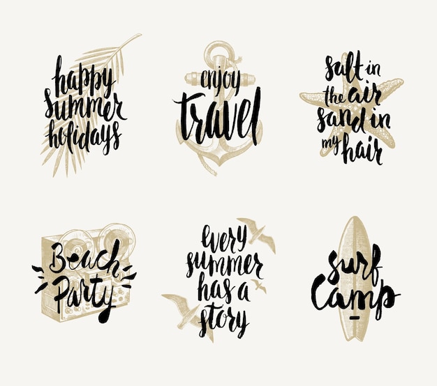 Set of summer holidays and tropical vacation hand drawn illustration