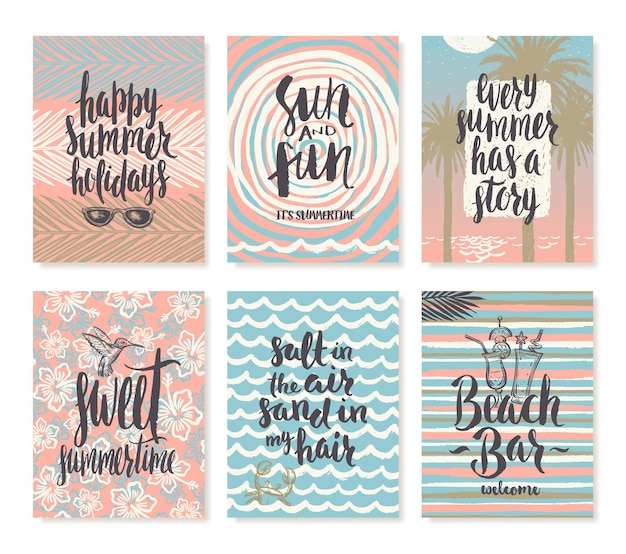 Set of summer holidays and tropical vacation hand drawn posters or greeting card