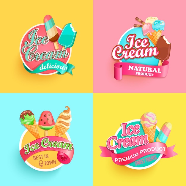 Set of summer ice creams labels Bright collections for different sundaes in hot seasonGelato for bannerposterbrandtemplatepackagingpackingemblem Advertise for cafeVector illustration