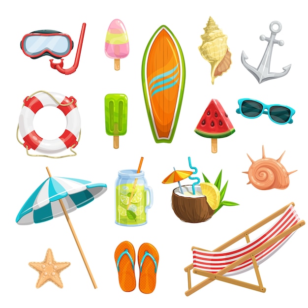  set summer icons. Mask for diving, watermelon, surfboard, shells, starfish, beach umbrella, flip flops, frozen juice, lemonade, life ring and anchor. Beach chair and cocktail pina colada