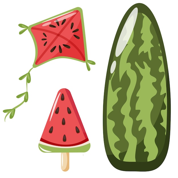 set of summer items with watermelon design namely ice cream swimming circle and surfboard