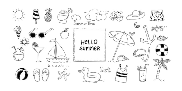 Vector set of summer lines icon hand drawing vector illustration on white background