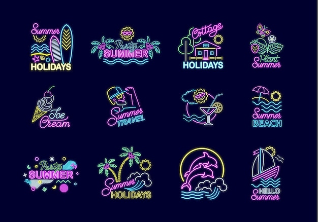 Set of summer neon signs with bright illumination. Summer holidays signboard, logo, neon emblem, night bright advertising. Travel, rest on sea, nature, parties, sweets, beach. Vector illustration