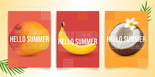 set of summer posters with tropical fruits hello summer