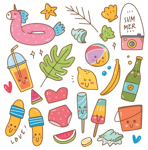 Set of summer related object in kawaii doodle style 