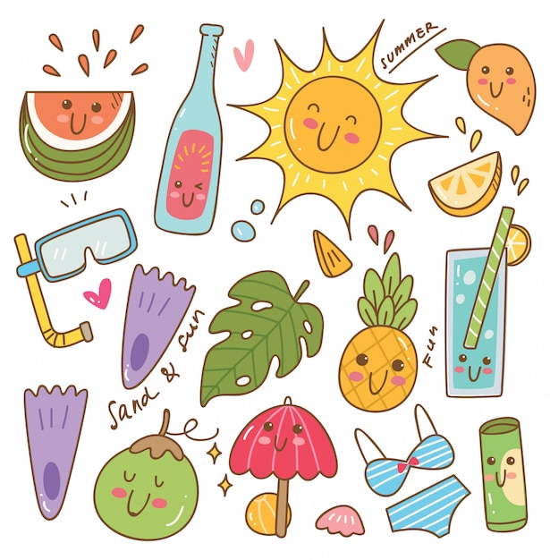 Set of summer related object in kawaii doodle style