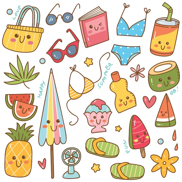 Set of summer related object in kawaii doodle style 