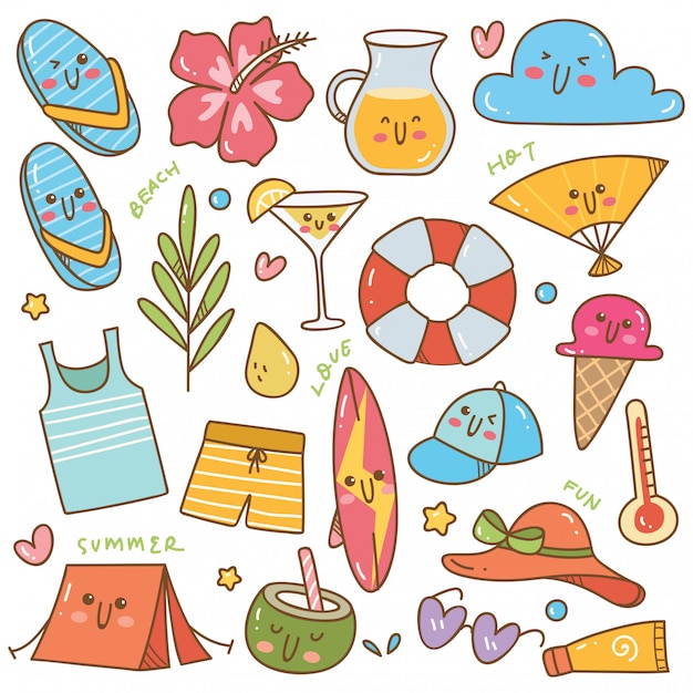 Set of summer related object in kawaii doodle style 