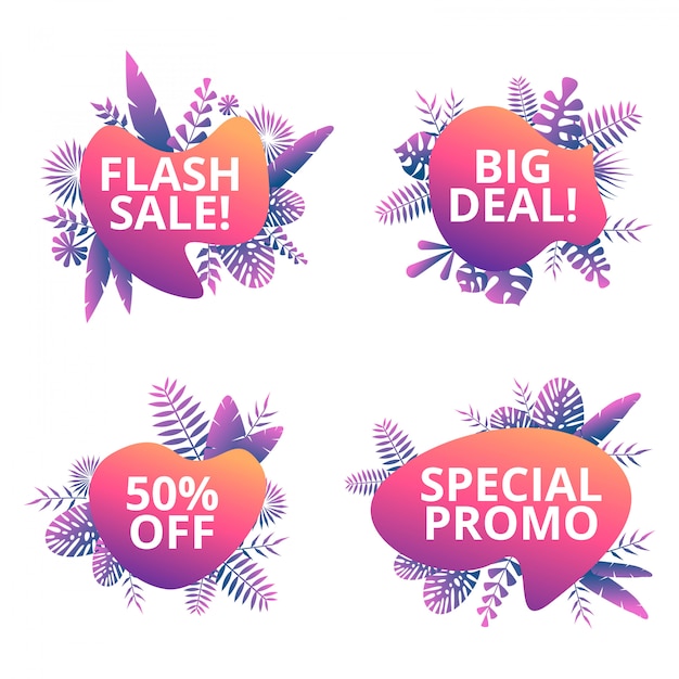 set of summer sale banners with tropical leaf illustration