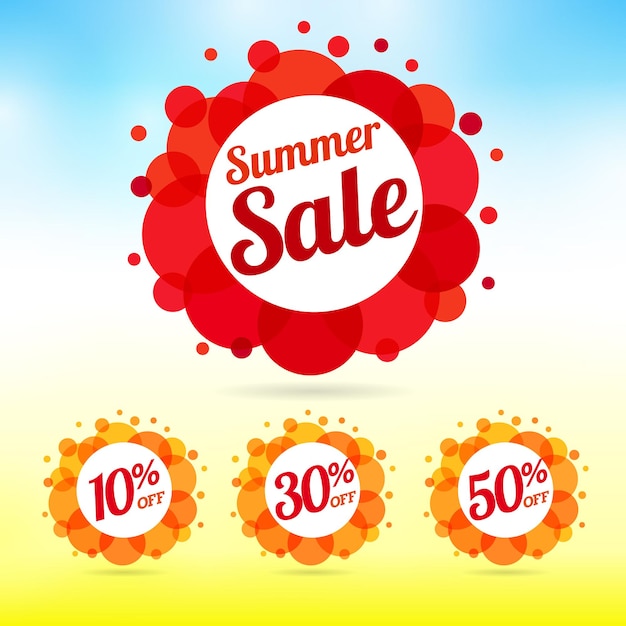 Set of summer sale colored labels. Seasonal collection of signs, lettering 10, 30, 50 percent off.