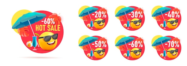 Set of summer sale discount price tags circle shapes with 3d illustration of smiley face