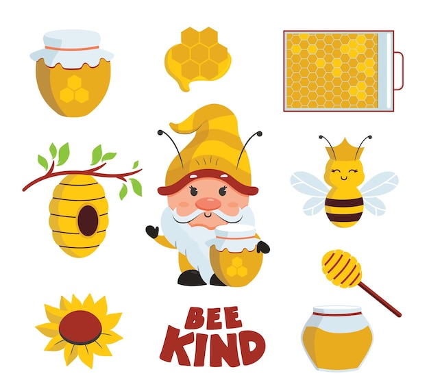 the set of summer stickers with bee gnome text and icons the carton is good for bee day bee kind