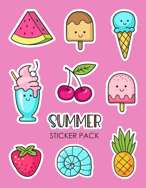 Set of summer stickers with ice cream berries and fruits