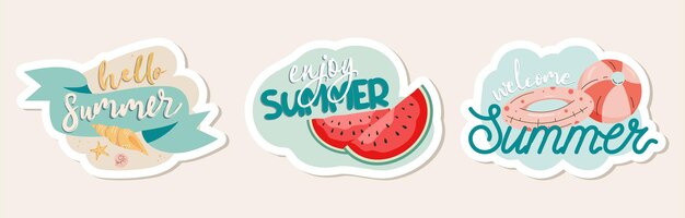 Vector set of summer stickers with lettering watermelon seashells beach accessories ball and swim ring