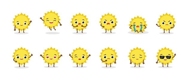 Set Summer Sun Emoji Characters Mascots planet with faces and hands Cartoon illustration