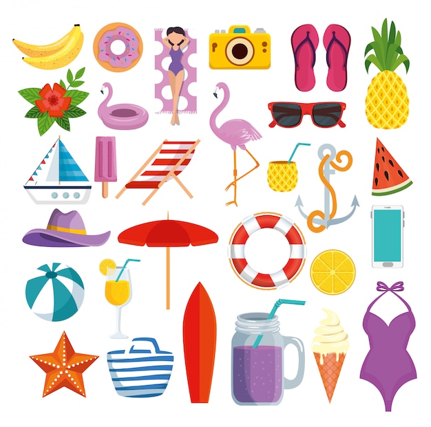 Set of summer time icons with tropical fruits and exotic vacation