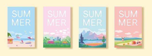 Set of summer travel and vacation posters landscapes of sea resorts mountains and fields road with