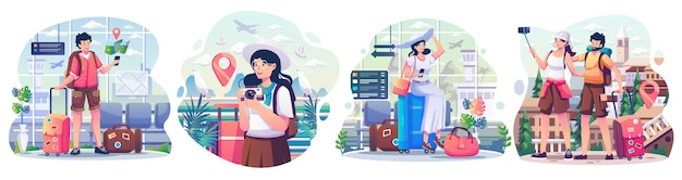 Set of Summer vacation or holiday and traveling concept Illustration