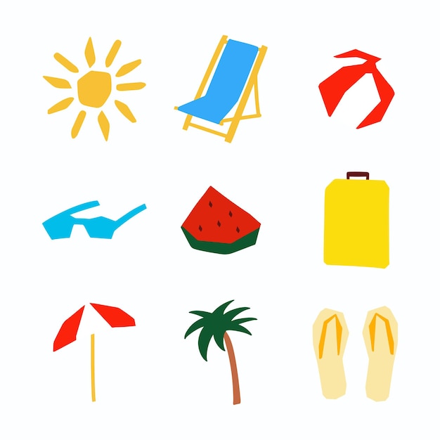 Set summer vacation symbol illustration in cutting style sun palm umbrella