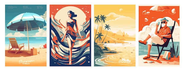 Set of summer vacation vector illustration posters with seaside landscape sunbed woman on vacation summer sunset retro and modern style for a greeting card