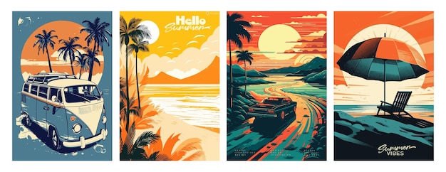 Set of summer vacation vector illustration posters with seaside landscape sunbed woman on vacation summer sunset retro and modern style for a greeting card