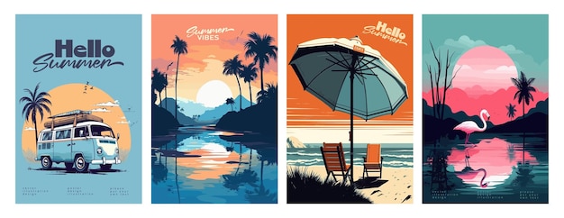 Set of summer vacation vector illustration posters with seaside landscape sunbed woman on vacation summer sunset retro and modern style for a greeting card