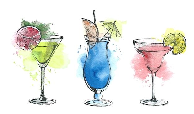 Set of summer Watercolor Cocktails in transparent Glasses Hand drawn Vector illustration of cold Drinks on white background Design for Bar menu