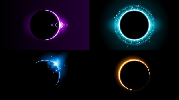 Set Sun Eclipse Solar Collection Color Fire Dark Background Vector Moon Design Style Space Science