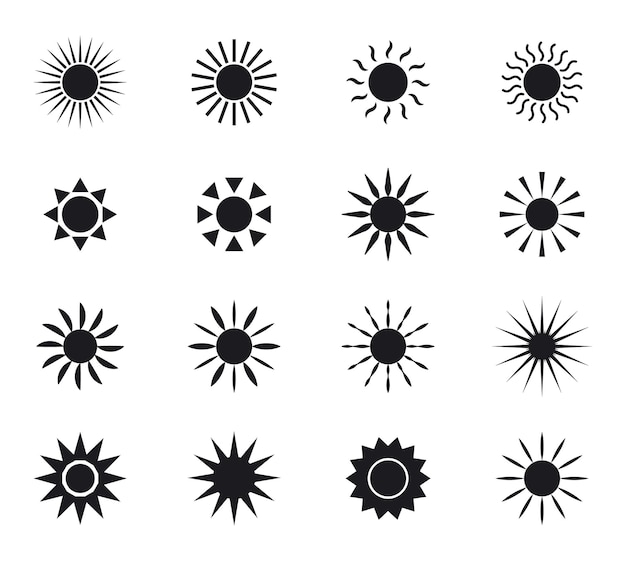 Set of sun icons Collection of black sun symbols Vector flat icon