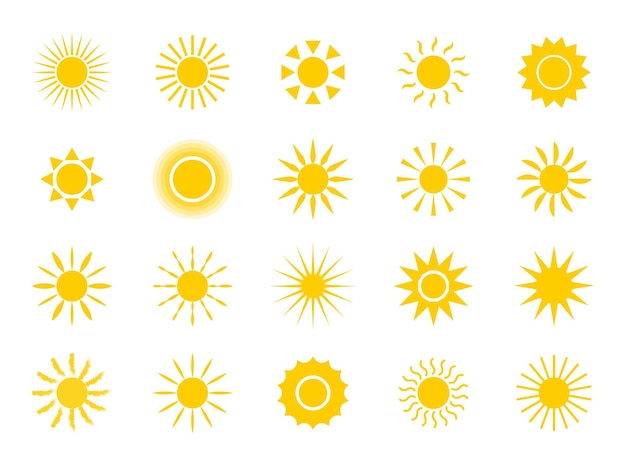 Set of sun icons Collection of yellow suns