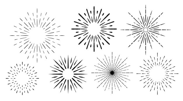 Vector set of sunburst design elements hand drawn rays of sun vintage frames for badges logos and labels